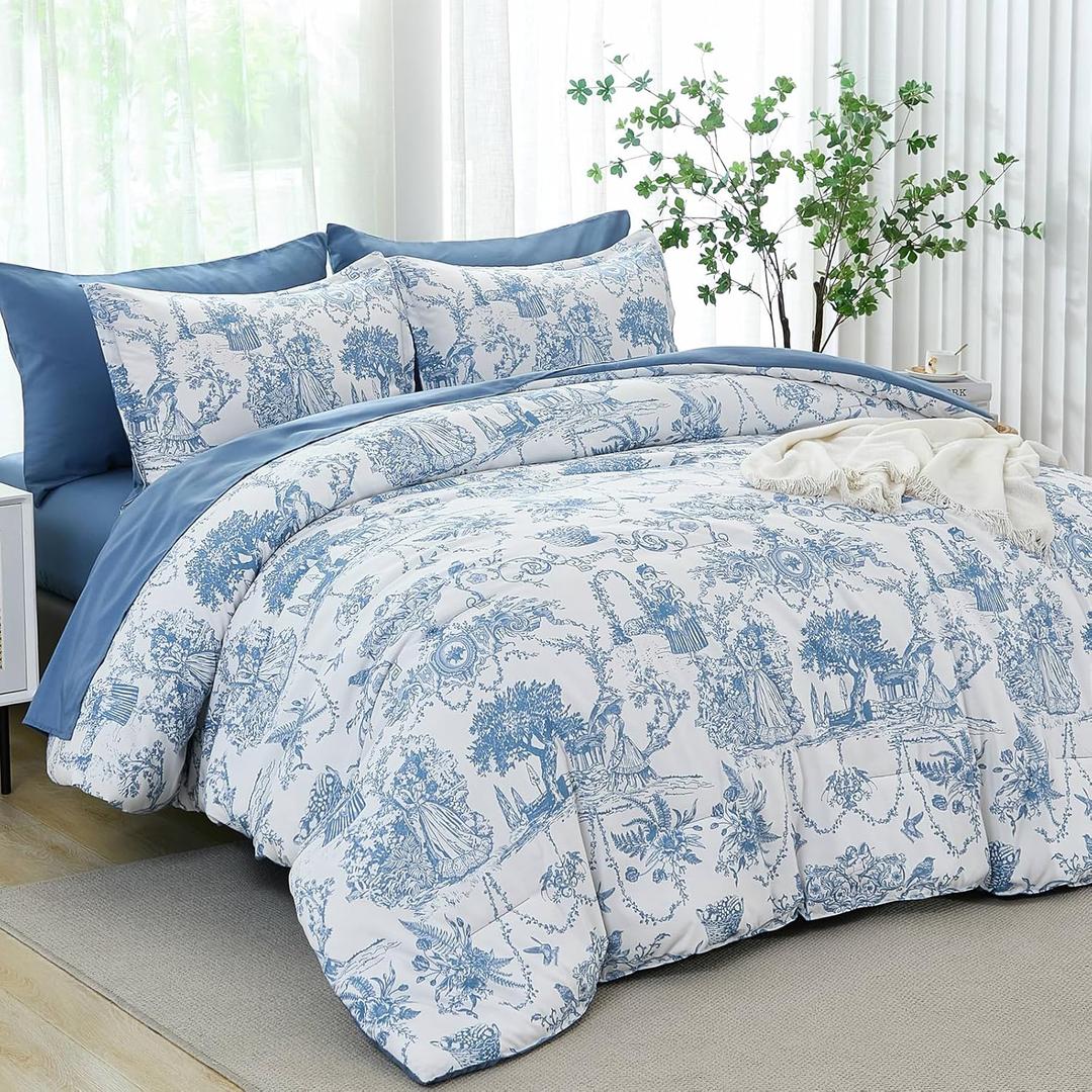 Blue Comforter Set Queen 7 Piece Bed in a Bag Toile de Jouy Botanical Comforter with Sheet Set Soft Microfiber Bedding Set (1 Comforter,2 Pillow Shams,1 Flat Sheet,1 Fitted Sheet,2 Pillowcases) (Queen(90"x 90"))