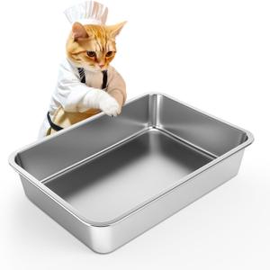 IKITCHEN Stainless Steel Cat Litter Box, Large Metal Litter Pan for Cats, Kitty Litter Box Never Absorbs Odors, Low Side Entry Non Stick, Easy Clean 17.5 x 13.5 x 4 inches