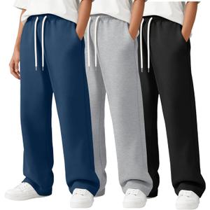 3 Pack Boys Straight Leg Sweatpant Kids Open Bottom Drawstring Athletic Jogger Baggy Elastic Waist Pant with Pocket (13-14 Years, Black, Royal Blue, Light Gray)