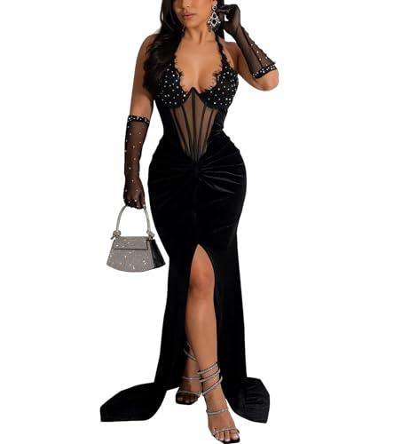 Jigfar Women's Sexy Elegant Rhinestone Mesh See Through Sleeveless Split Bodycon Maxi Dress (F6801, Black, XXL)