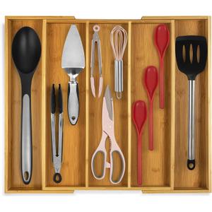 Purawood Kitchen Drawer Organizer - Expandable Utensil Drawer Organizer for Kitchen, Cutlery Tray & Silverware Organizer, 3-5 Slots - Bamboo Organizer for Utensils & Flatware (Natural)