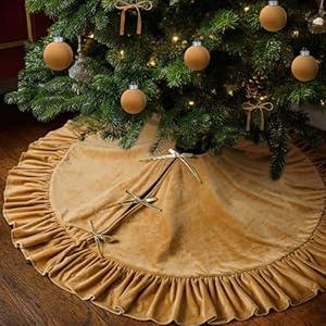 Vertintong 48 Inches Velvet Christmas Tree Skirt Khaki with Gold Bow Fur Plush Tree Skirt Luxury Xmas Skirts for Merry Christmas Party Vintage Holiday Decorations