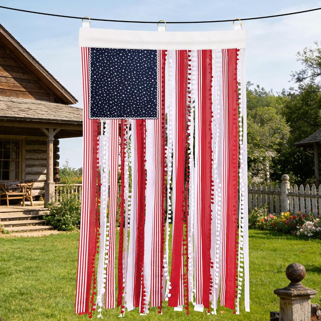 Deloky 4 x 2.3 Ft 4th of July Rag American Flag Banner, Vintage Patriotic USA Flag Banner, Independence Day Retro American Flags Bunting for Outdoor Garden Yard Home Party Decoration