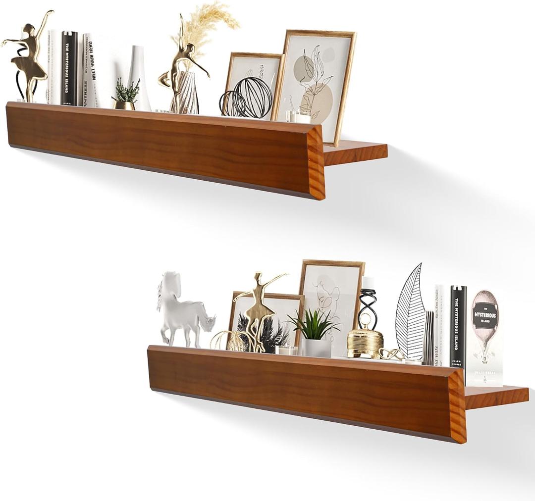 32 Inch Picture Ledge Shelf with Lip,Floating Shelves for Wall, Set of 2 Solid Pine Wood Shelves with Invisible Brackets, Wall Storage for Living Room, Bedroom, Kitchen, Bathroom(Dark Brown)
