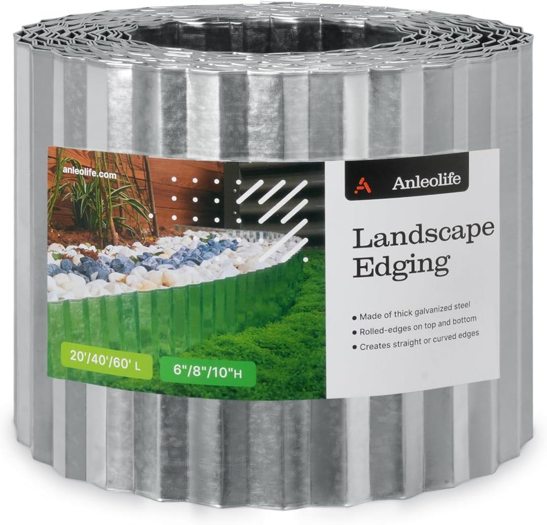 A ANLEOLIFE 40FT Galvanized Steel Landscape Edging Roll, 10" Tall Sturdy Flexible Corrugated Metal Lawn Border for Garden, Pathway & Flower Beds, Silver