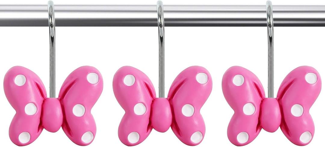 12-Piece Pink Polka Dot Bow Shower Curtain Hooks, Cute Mouse Bowknot Stainless Steel Decorative Shower Hangers Rings for Bathroom Decor
