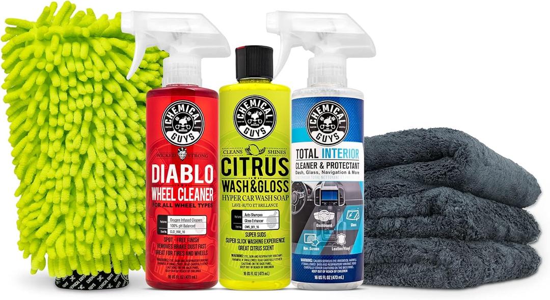 Chemical Guys Car Cleaning Kit - With Car Wash Soap, Wheel Cleaner, Total Interior, Car Wash Mitt - Interior and Exterior Wash Kit With Vehicle Cleaning and Detailing Accessories - 7 Item Kit