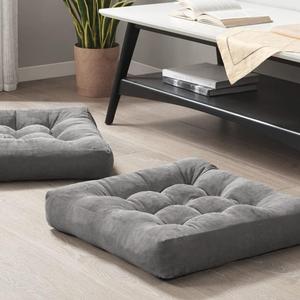 Meditation Floor Pillow Set of 2, Square Large Pillows Seating for Adults, Tufted Corduroy Cushion for Tatami Living Room, Grey, 22x22 Inch