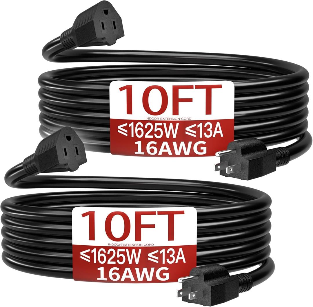 16/3 Short Extension Cord 10 FT 2 Pack, Black Extension Cord Flexible & Durable, Indoor 3 Prong Power Cable, Suitable for Home and Office, 13 Amp 1625 Watt 125VAC 16AWG, ETL Listed