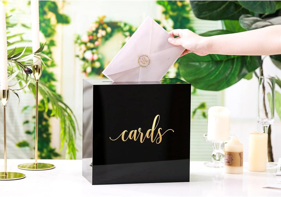 UNIQOOO Black Acrylic Wedding Card Box with Slot, Large 10x10x5.5 inch w/Gold Foil | Wedding Receptions Wishing Well Money Box, Birthdays, Memory Box, Suggestion Boxes, Acrylic Ballot Box