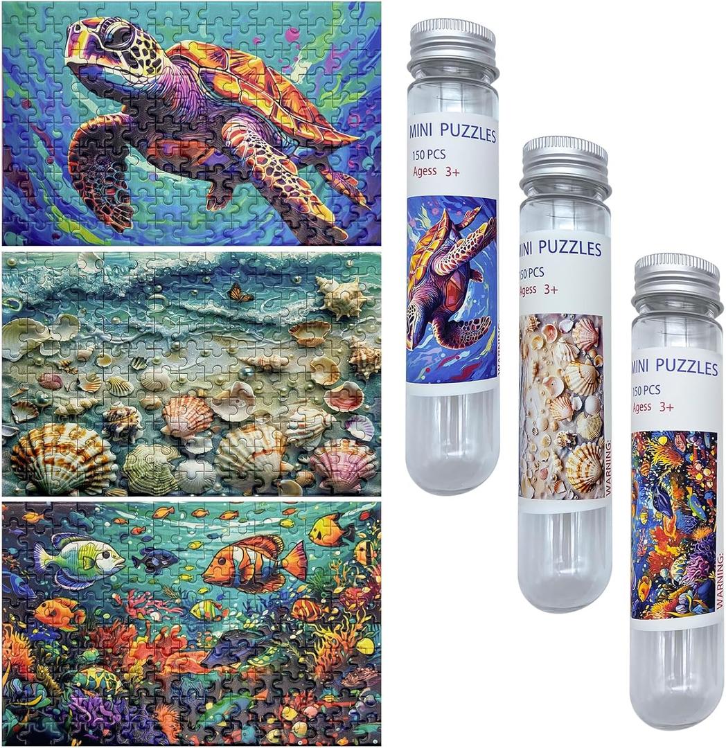150 Pieces Mini Jigsaw Puzzles for Adults & Kids,6 x 4 Inches,Mini Puzzles,Travel Puzzle,Small Micro Puzzles,Challenging Difficult Puzzle,3 Pack Ocean Series
