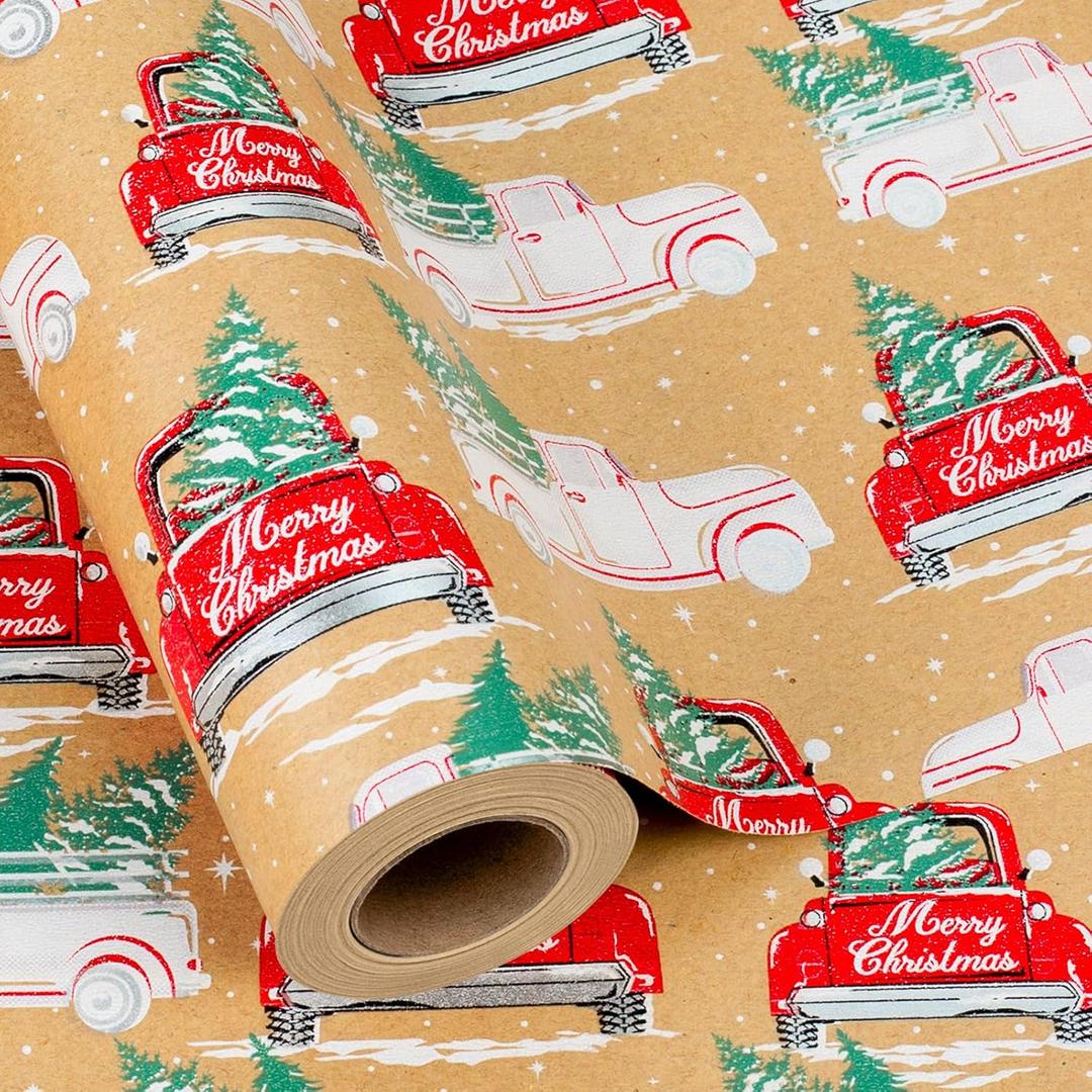 MAYPLUSS Kraft Christmas Wrapping Paper Roll - 17 Inch X 33 Feet - Recyclable Red Vintage Truck with Pine Trees Kraft Festive Winter Gift Wrap Paper Sheet for Christmas, Holiday, Party Decor, New Year