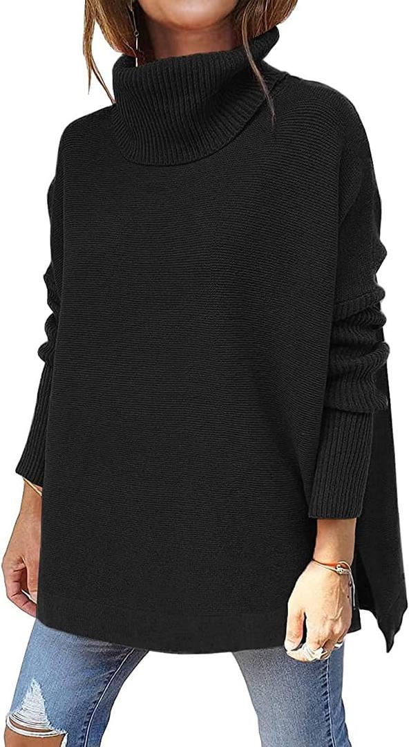 LILLUSORY Women's Turtleneck Oversized Sweaters Long Batwing Sleeve Spilt Hem Tunic Pullover Knit Tops (Large, Black)