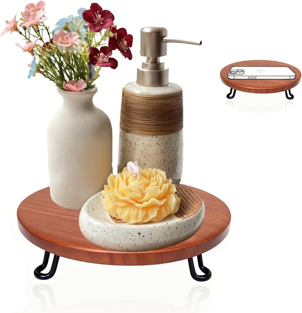 8 Inch Round Wood Riser with Metal Legs - Decorative Pedestal Tray Stand for Countertop Organizer - Farmhouse Boho Style Display Stand for Kitchen, Bathroom, Coffee Bar