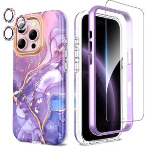 SHEDEER for iPhone 16 Pro Case with Glitter Camera Protector + Screen Protector, 360 Degree Drop Protection, Chic Anti-Yellowing Stylish Design, Shockproof Phone Case for 16 Pro 6.3'', Violet