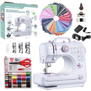 Sewing Machine for Beginners, Electric Portable Mini Sewing Machine with 50 Pcs Fabric and 32 Pcs Sewing Threads Kit, 12 Built-in Stitches 2 Speed with Foot Pedal (Purple)