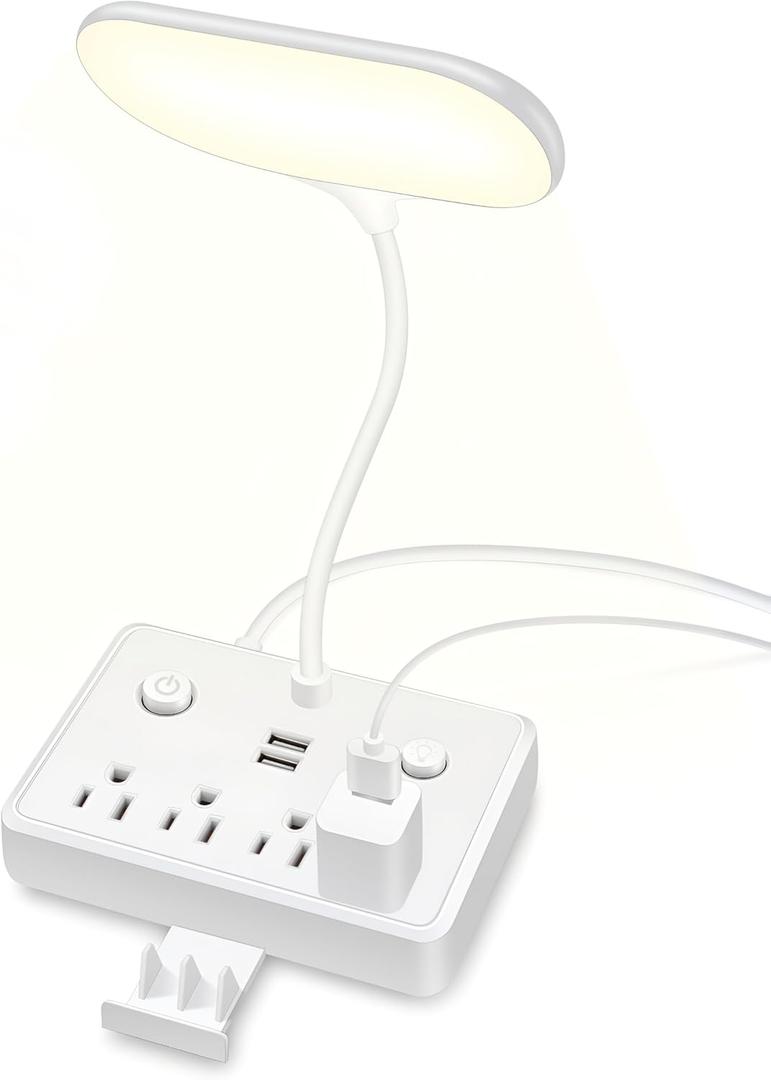 LED Desk Lamp, Power Outlet with Dimming Night Light Desk Light,Table Lamps 3 Lighting Modes Desktop Charging Extension Lead 4 AC Power Outlet and 2 USB Charging Ports for Travel Home Office