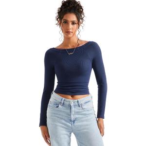 SUUKSESS Women Spring Modal Ribbed Top Boat Neck Long Sleeve Shirts Basic Going Out T Shirts (Large, Navy Blue)