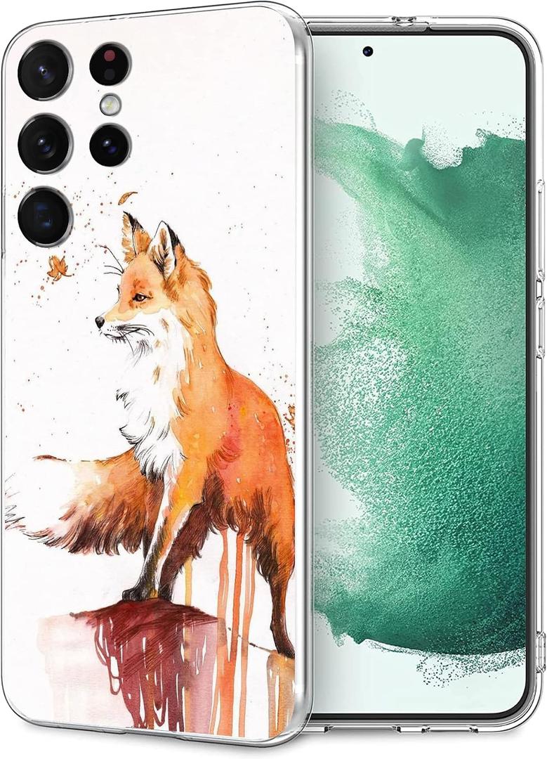 Compatible with Samsung Galaxy S22 Ultra Case, Vintage Cute Funny Fox Slim Fit Soft TPU Shockproof Protective Cover Case Gift for Women Girl