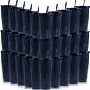 30 Pack Halloween Black Plastic Cups with Lids and Straws, 24 oz Disposable Plastic Tumblers Iced Coffee Cups Travel Mug Cup for Juices Birthday Bachelorette Party Wedding (Black,24 oz)