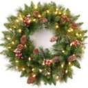 Amaoasis Pre-Lit Christmas Wreath, Decorated Frosted Berries, Pinecones, 50 LED Lights with Timer, Battery Operated, Holiday Decoration for Front Door, Outdoor 24 Inch