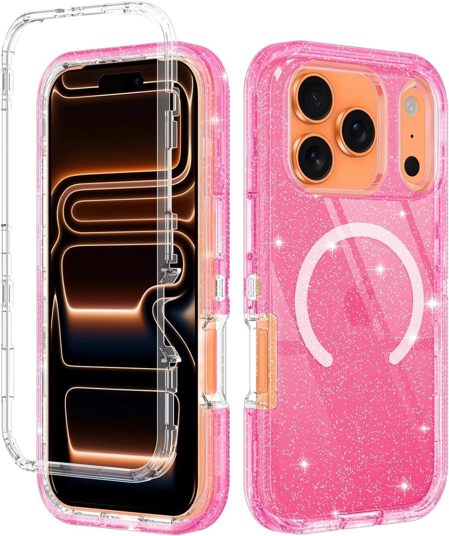 I-HONVA for iPhone 17 Pro Max Case Clear [Non Yellowing] [Compatible with MagSafe] Shockproof 3-Layer Full Body Protection Rugged Heavy Duty Cover Case for Apple iPhone 17 Pro Max,Clear Pink Glitter