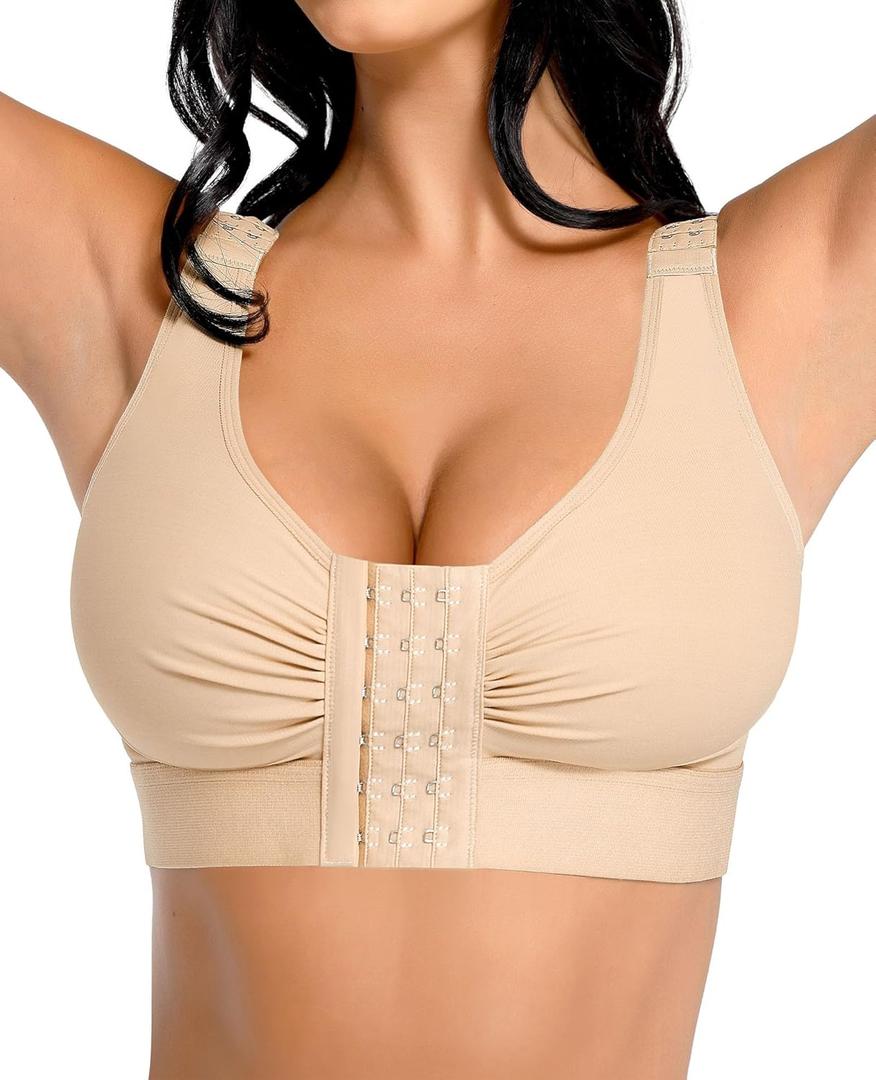 FeelinGirl Post Surgery Compression Bra for Women's Front Closure Bra with Adjustable Straps Wirefree (Large)