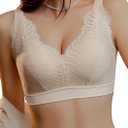 ONLYSTORY Wireless Bras for Women V Lace Bralettes Comfort Hide Back Fat Smoothing No Underwire Everyday Bras (Beige, XXL)