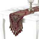 Embroidery Luxury Table Runner Jacquard Fabric Table Runner with Multi-Tassels for Dining Room Dresser Wedding Party Decorations, 13" x 62", Red