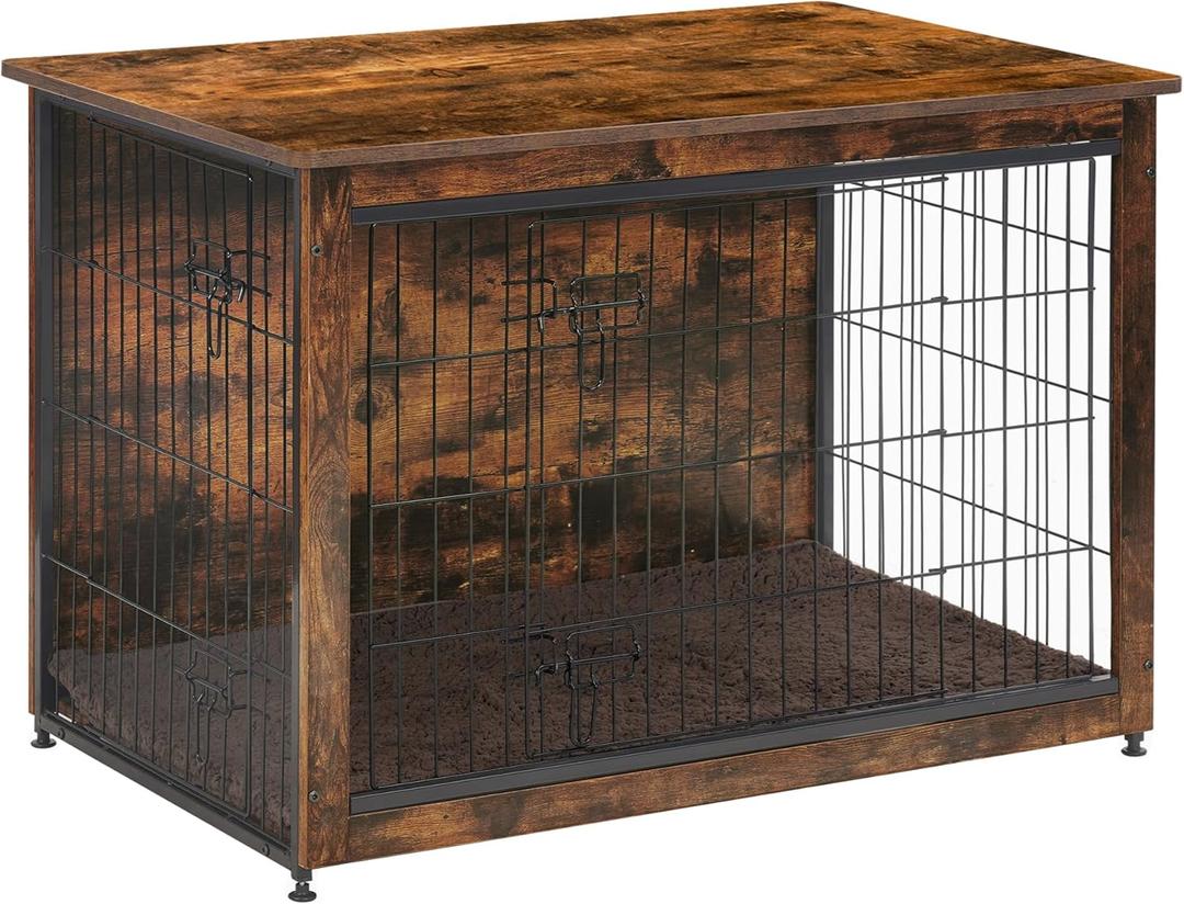 DWANTON Dog Crate Furniture with Cushion, Wooden Kennel Table with Double Doors, Indoor Dog House, Medium Size, 32.5" L, Rustic Brown (32.5"L x 21.9"W x 25.6"H)