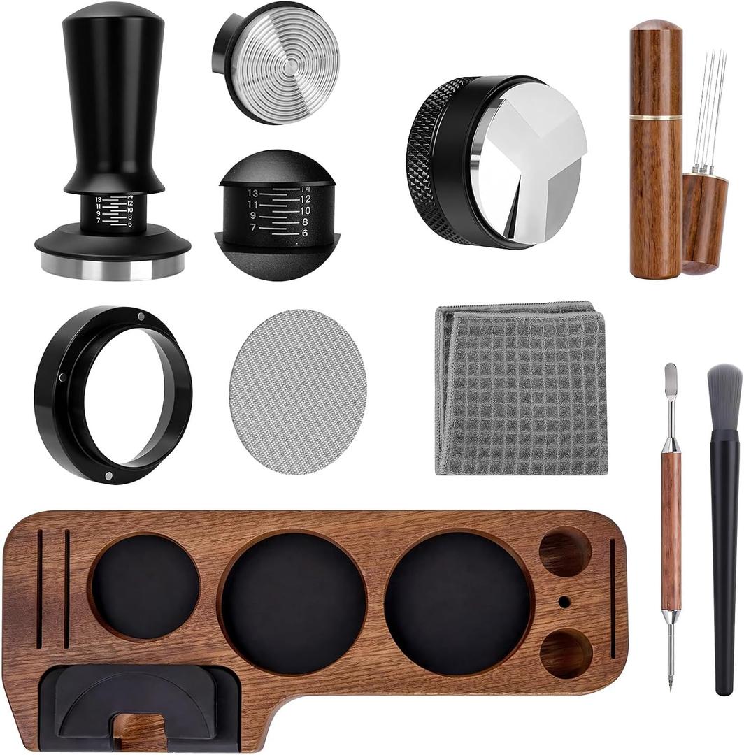 9 Pack Espresso Tamper Station&Coffee Distributor Tamper&Espresso WDT Stirrer&Coffee Tamping&Brush&Coffee Dosing Funnel&Espresso Puck Screen, Latte Art pen and Towel (54 mm)
