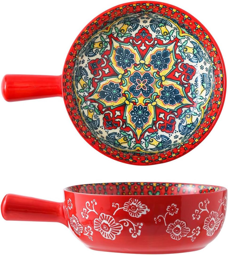 Bohemian Ceramic Soup Bowl with Handle 23oz Spaghetti Bowl, 8.66" Length Wide and Shallow for Soup, Colorful Floral Interior Microwave & Dishwasher Safe Pasta Salad Dish Red