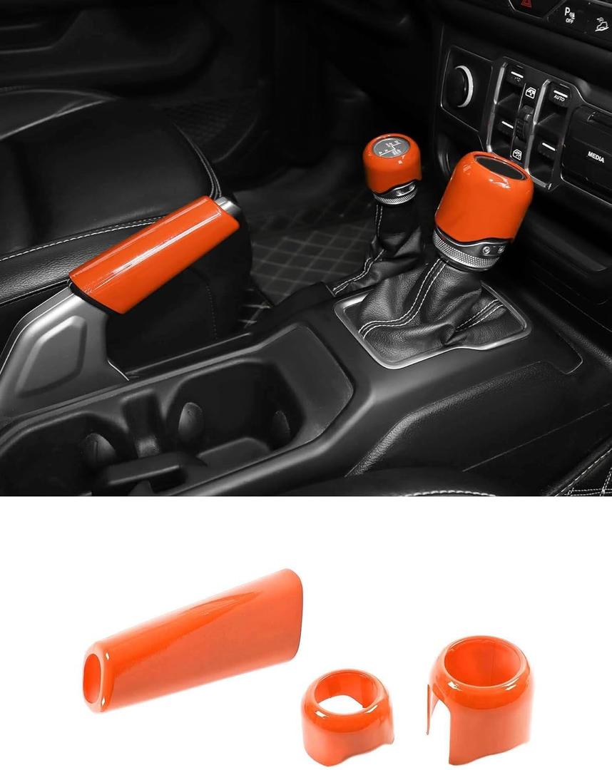 Savadicar Orange Interior Accessories - Handbrake & Gear Shift Knob Trim Set for 2018-Present Jeep Wrangler JL JLU 4XE & Gladiator JT - Solid Color Interior Decor Upgrade Option, 3-Piece