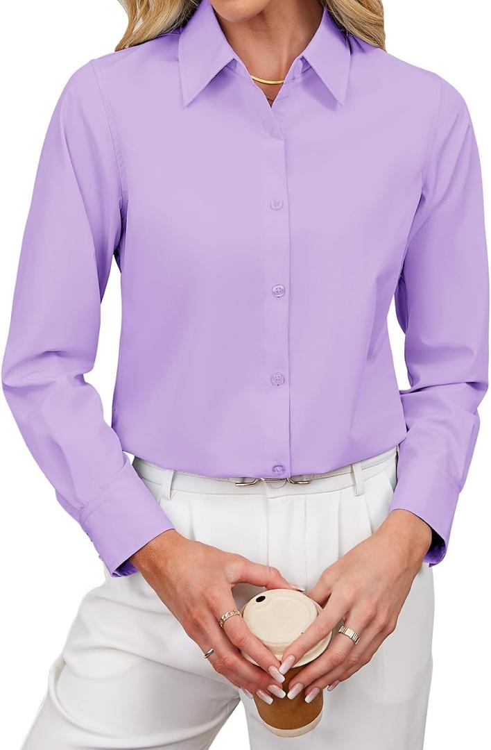 Women's Button Down Shirts Fitted Dress Shirts Collared Long Sleeve Wrinkle Free Blouse Formal Office Work Tunic Tops, S