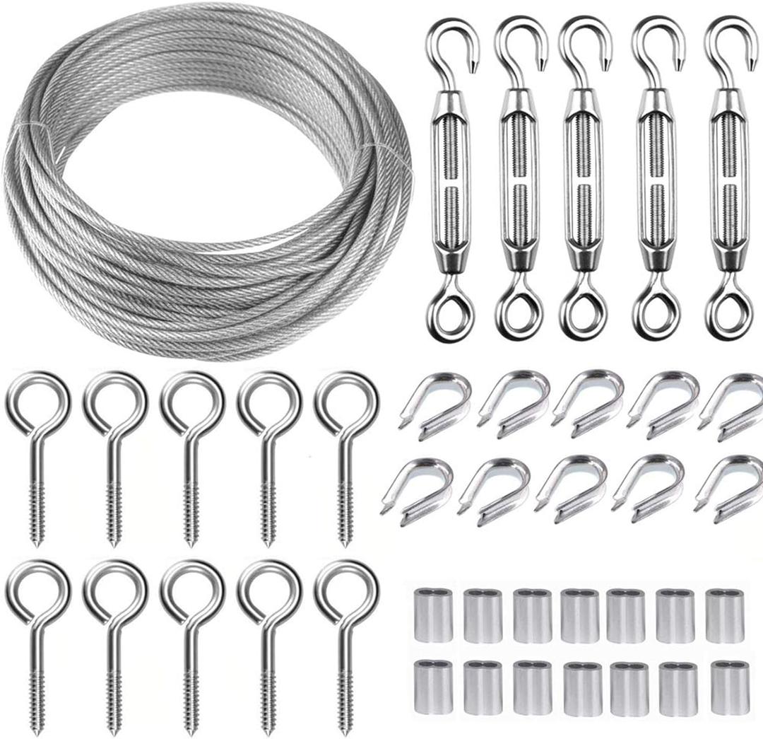 TooTaci Turnbuckle Wire Tensioner Kit, 100ft 1/16 Vinyl Coated Stainless Steel Wire Rope Cable with M5 Turnbuckles for Curtain, Garden Trellis, Picture, String Lights Hanging, Climbing Plants Outdoor