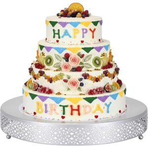 Wenqik Cake Stand 16 Inch Round Metal Cupcake Dessert Wedding Cake Stand Cookies Display Holder Fruit Serving Tray for Table Wedding Birthday Anniversary Party(Silver)