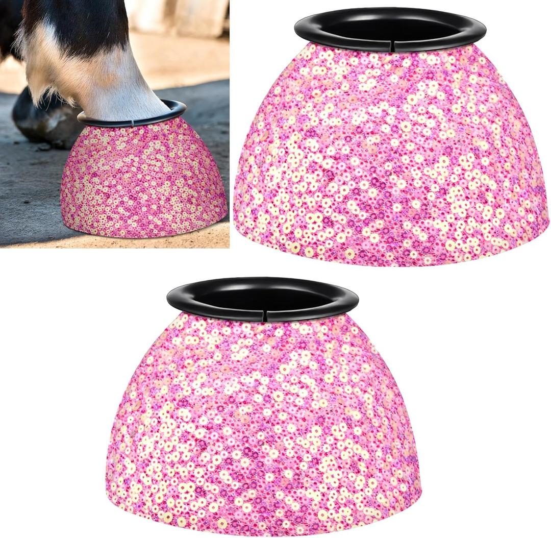1 Pair Pink Sparkle Women's Horse Bell Boots Rubber Equine Bell Boots Protect Against Hoof Frictionless Design for Female Equine Hoof Care Quick Wrap Shield Horse Racing Festival