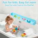 Bathtub Splash Guard for Kids, 2-in-1 Bath Toy Organizer, Tub Shelf & Bath Storage Ledge, Long Silicone Tub Splash Guard with Strong Suction Cups, Helps Keep Bathroom Floor Dry (Blue)