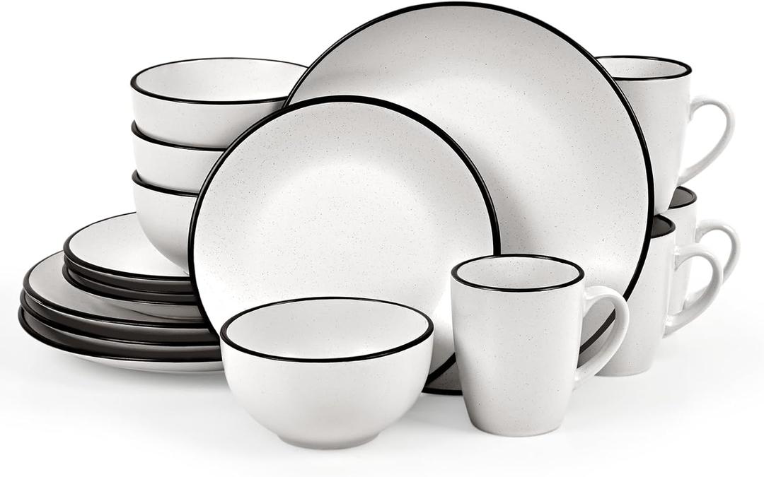 Homlouue Dinnerware Sets, 16 Pieces Stoneware Dinnerware Set, Service for 4 (16pcs), Plates Bowls and Mugs Set, Dinnerware Sets for 4, White with Black Rim