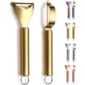 Gold Potato Vegetable And Fruit Peelers For Kitchen, Kyraton Titanium Gold Plating Stainless Steel Peelers,Sharp Blade And Ergonomic Non Slip Easy To Grip Set Of 2