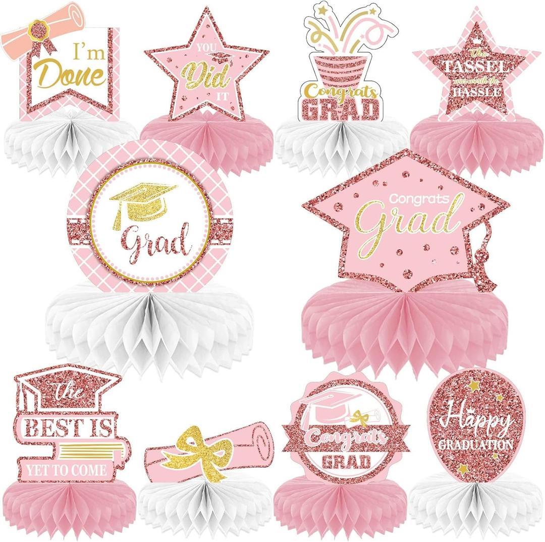 10PCS Class of 2025 Graduation Party Decorations 2025 Congrats Grad Honeycomb Centerpieces Congratulate Graduation Table Toppers for Graduation Party Favor Supplies(Rose gold)