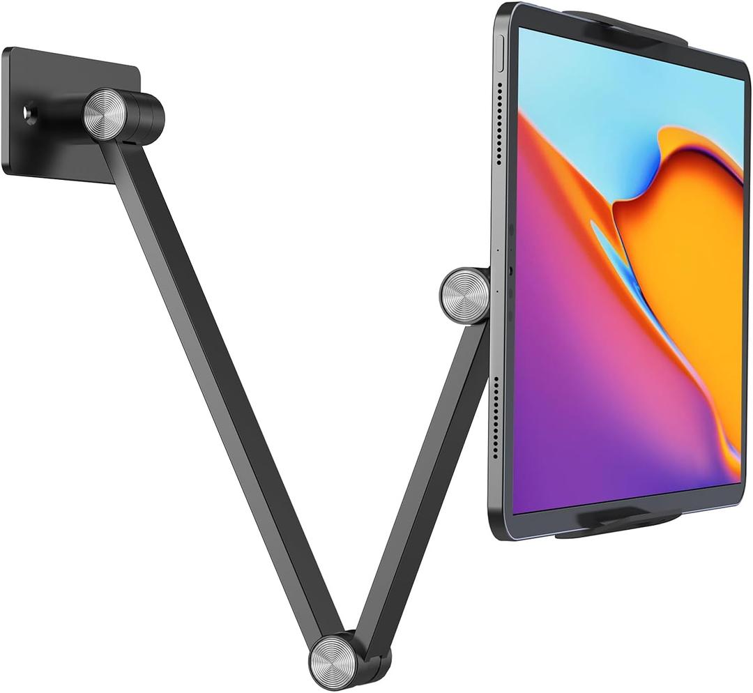 BEWISER Tablet Wall Mount Holder, 360 Rotating Flexibly, Angle Adjustable, Folding Aluminium Alloy Compatible with4.7-12.9" Phone or Tablet in Kitchen/Office, (Space Gray)