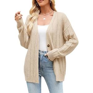 Cardigan Sweaters for Women 2025 Fall Long Sleeve V Neck Oversized Cardigans Button Down Open Front Knit Sweater Coat, Beige Small