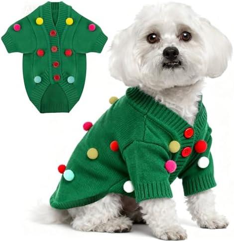 Dog Christmas Sweater Green Christmas Light Cardigans Dog Outfit Soft Warm Knitted Pet Clothes Cold Weather Puppy Clothes for Small Medium Large Dogs Cats M