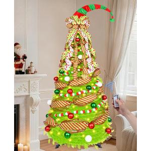 Krelymics 6FT Pop Up Christmas Tree Whimsical Christmas Tree with 200 LED Lights Remote Control & Ornaments, Collapsible Lime Green Xmas Tree with Santa Hat & Bow Tree Topper