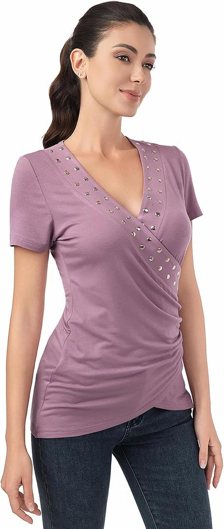 AmélieBoutik Women Deep V Neck Cross Wrap Top Slim Fitted Stud Trim Short Sleeve Blouse Top (S)