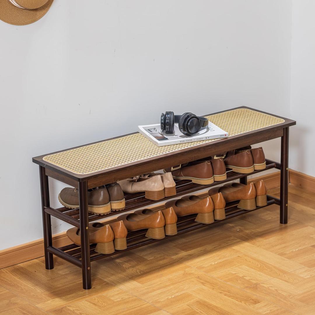 latifolia Shoe Rack Bench, 3-Tier Bamboo Shoe Bench with Breathable Rattan Seat Cushion, Shoe Storage Rack for Entryway(Walnut,39.70''L), 39.37''L