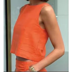  Women's Linen Vest Set Round Neck Sleeveless Top, Small