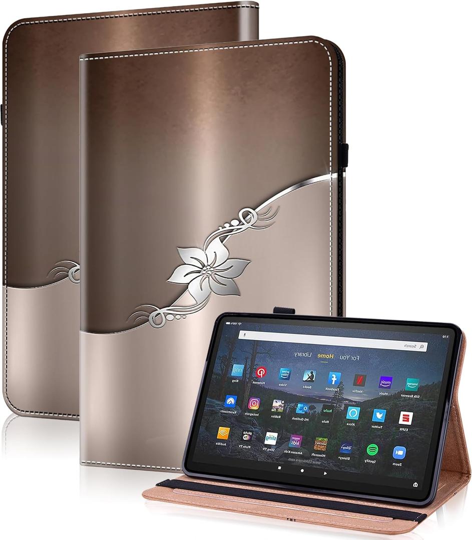 Case for Kindle Fire HD 10 & 10 Plus Tablet (13th/11th Generation, 2023/2021 Release) 10.1" - PU Leather Flip Case with Elastic Band & Card Slots/Holder, Multi-Angle Stand Cover - Silver Flower