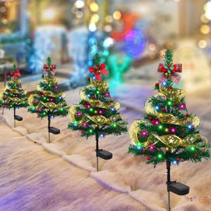 Libima 4 Pcs Solar Christmas Tree Garden Stake Lights Solar Outdoor 30 Inch Waterproof 80 LED Landscape Lights with 4 Bows 100 Artificial Berries and Ribbon for Xmas Decor Party Yard Patio Pathway